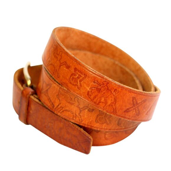 TOOLED TAN BROWN GENUINE LEATHER 7/8"Wd DRESS CASUAL WOMEN'S BELT Size S (R8 - Picture 4 of 14